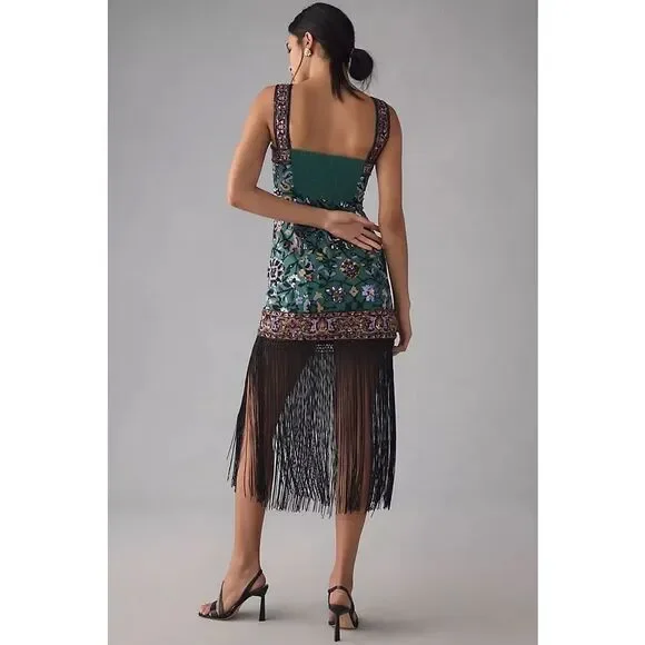 Anthropologie Slim Fringed Midi Dress Embroidered Beaded Fringe Size 14 NEW - Picture 3 of 5